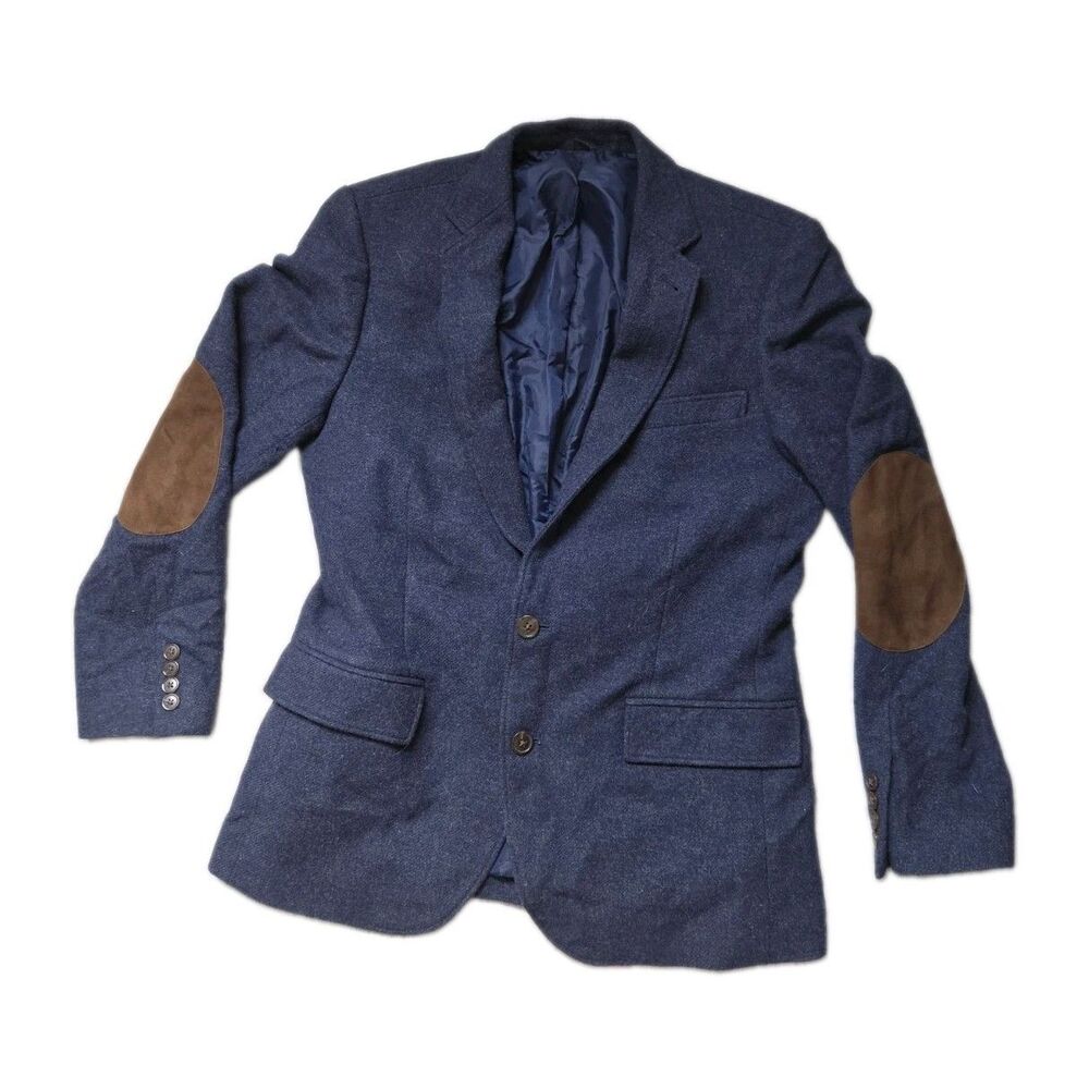 J.Crew Navy Blue Wool Blend Blazer Brown Suede Elbow Patch Mens 38S GUC